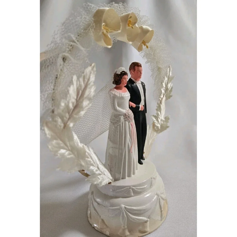 1950's Wedding Cake Top Trojan Weddings Blue White Velum Antique